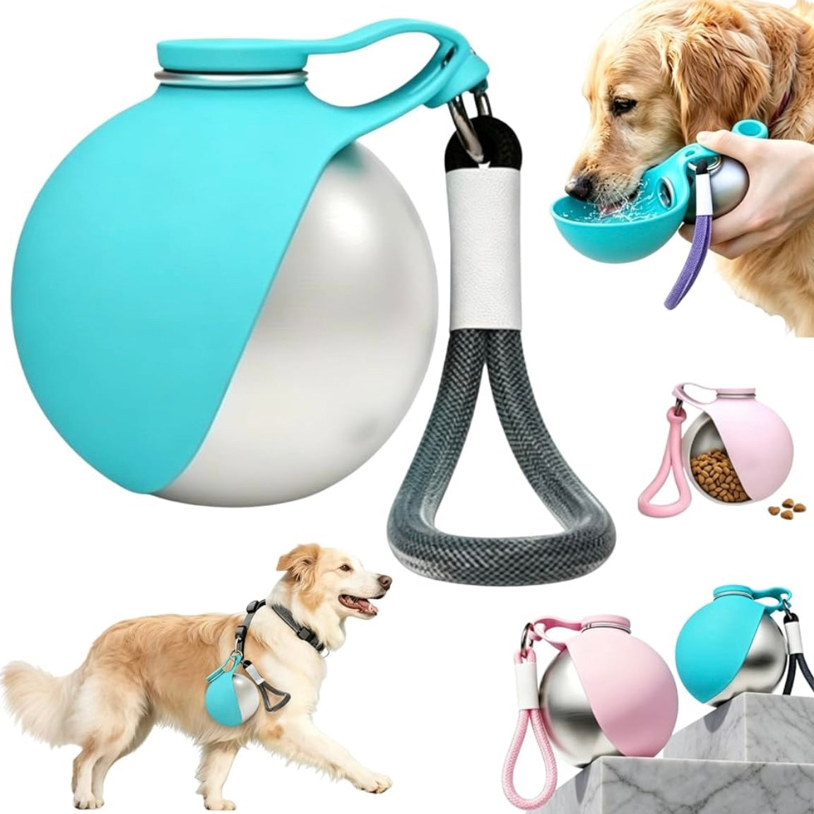 Foldable Silicone Pet Water Bottle, Leak-Proof, Portable with Carabiner Clip