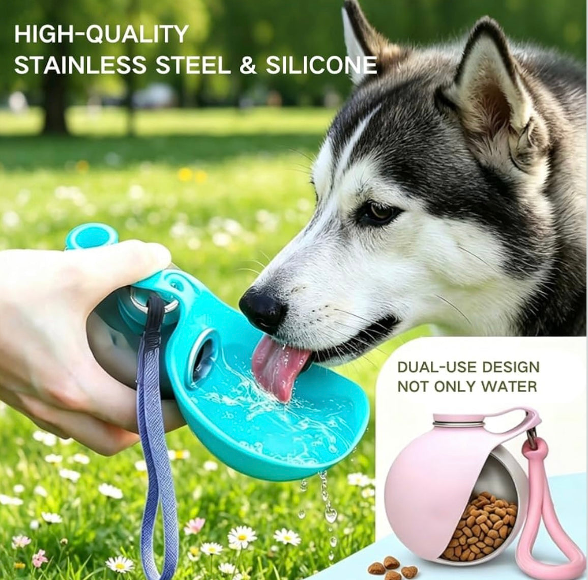 Foldable Silicone Pet Water Bottle, Leak-Proof, Portable with Carabiner Clip